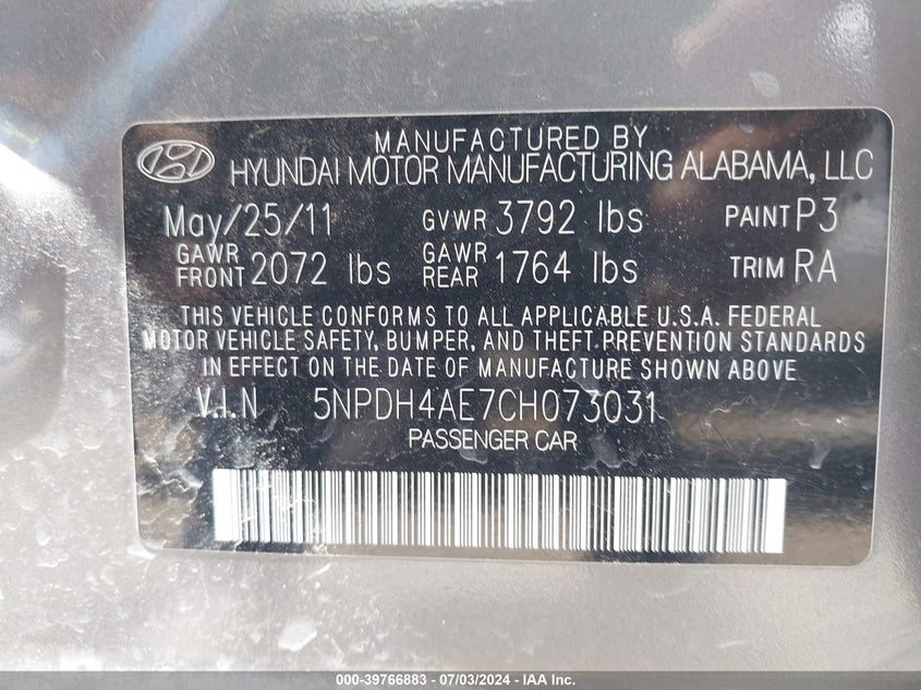 2012 Hyundai Elantra Gls VIN: 5NPDH4AE7CH073031 Lot: 39766883