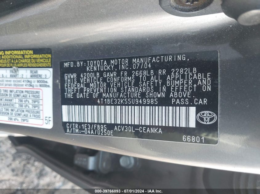2005 Toyota Camry Le VIN: 4T1BE32K55U949985 Lot: 39766893