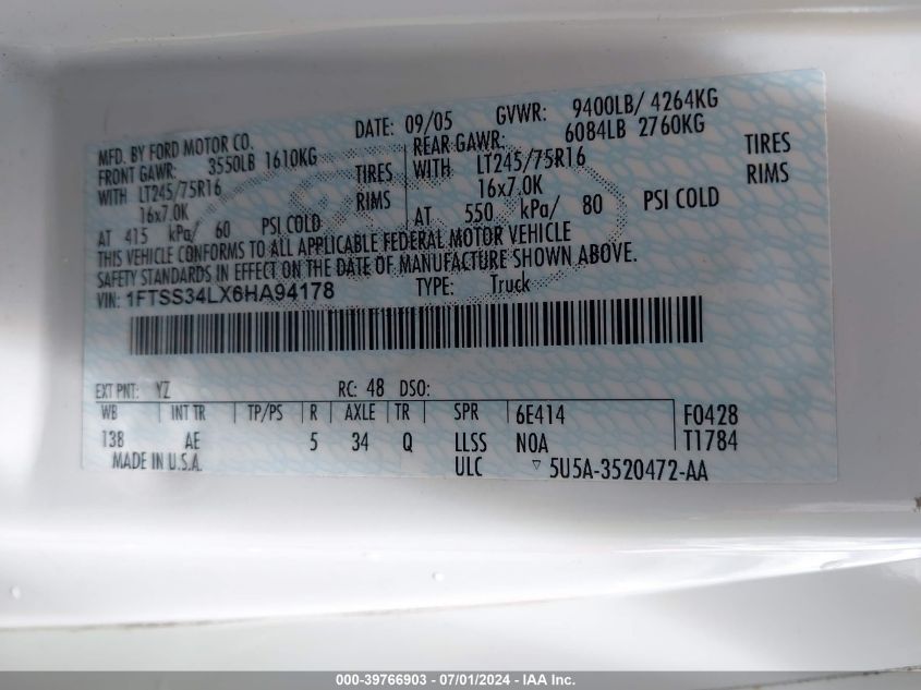 2006 Ford E-350 Super Duty Commercial/Recreational VIN: 1FTSS34LX6HA94178 Lot: 39766903