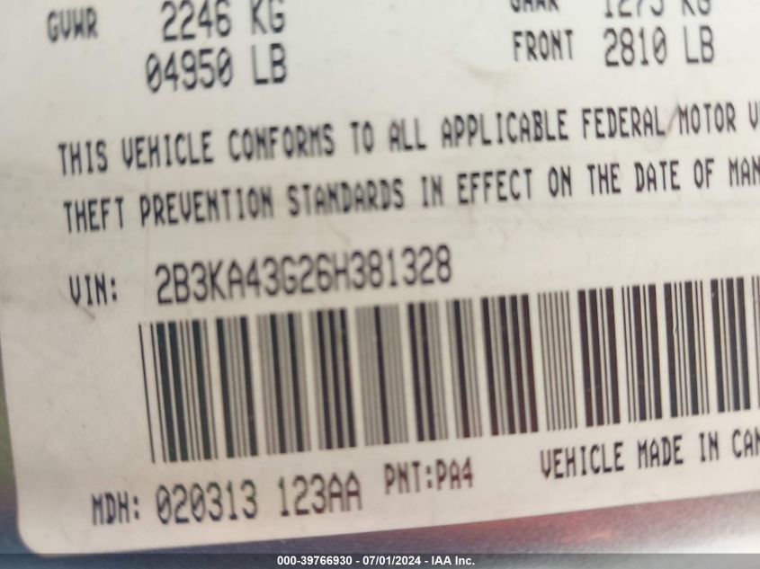 2006 Dodge Charger VIN: 2B3KA43G26H381328 Lot: 39766930