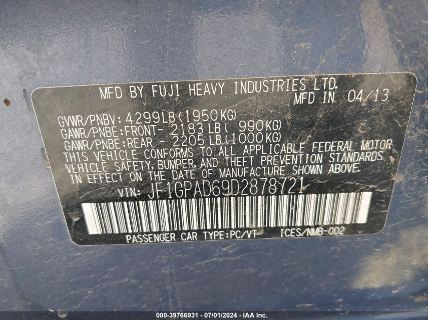 2013 SUBARU IMPREZA PREMIUM - JF1GPAD69D2878721