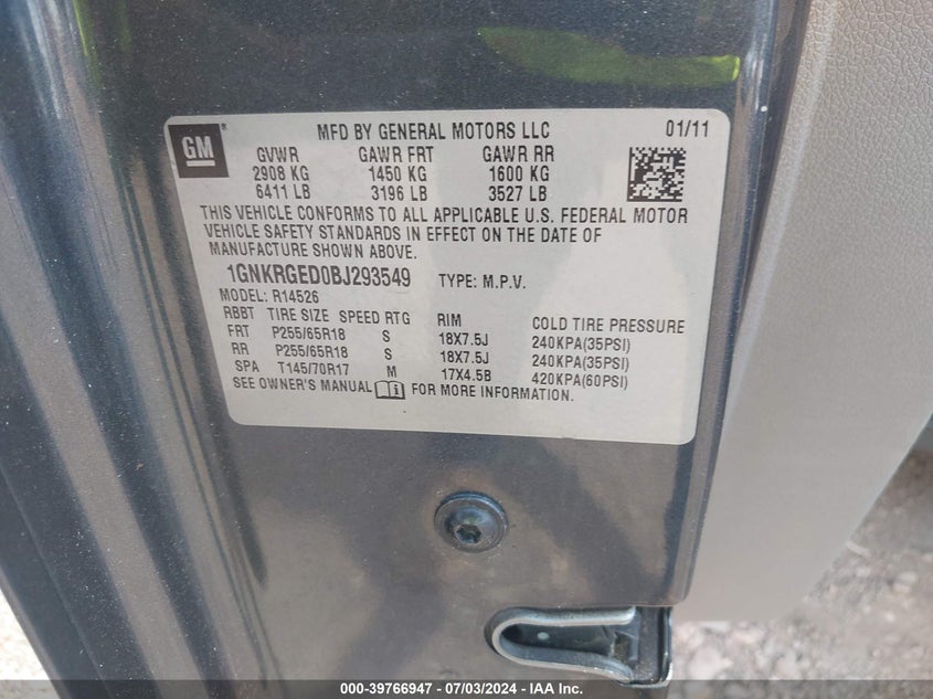 2011 Chevrolet Traverse 1Lt VIN: 1GNKRGED0BJ293549 Lot: 39766947