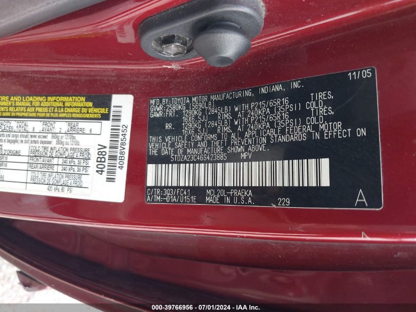 2006 Toyota Sienna Le VIN: 5TDZA23C46S423885 Lot: 39766956