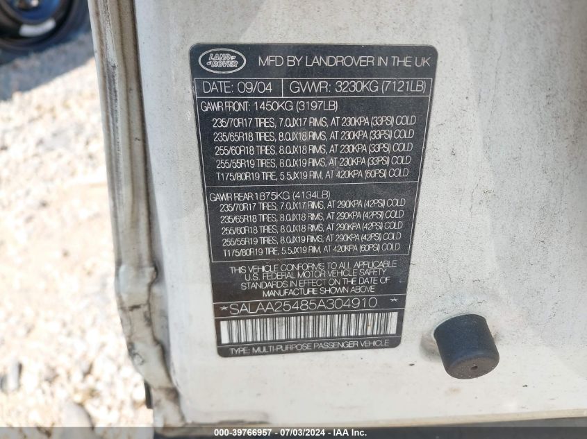 2005 Land Rover Lr3 VIN: SALAA25485A304910 Lot: 39766957