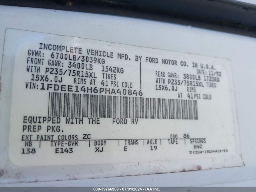 1993 Ford Econoline E150 Van VIN: 1FDEE14H6PHA40846 Lot: 39766969