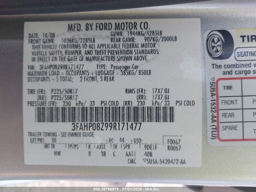 2009 Ford Fusion Sel VIN: 3FAHP08Z99R171477 Lot: 39766978