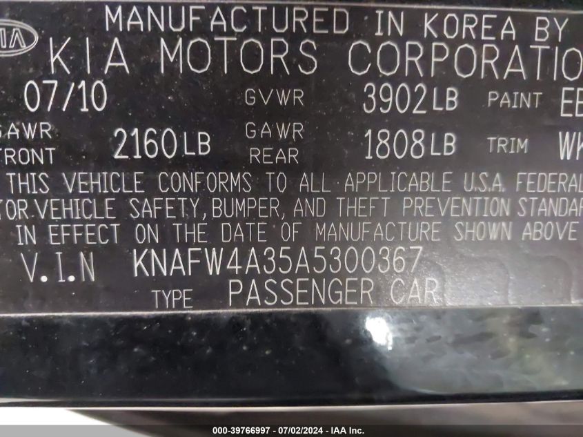 2010 Kia Forte Sx VIN: KNAFW4A35A5300367 Lot: 39766997