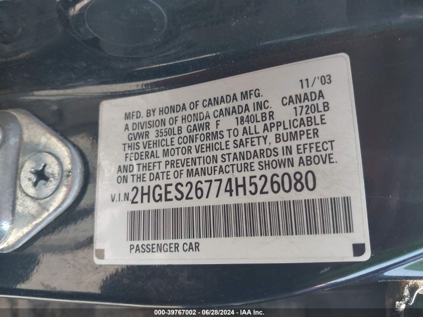 2004 Honda Civic Ex VIN: 2HGES26774H526080 Lot: 39767002