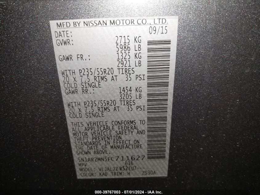 2015 Nissan Pathfinder Platinum VIN: 5N1AR2MN5FC711627 Lot: 39767003