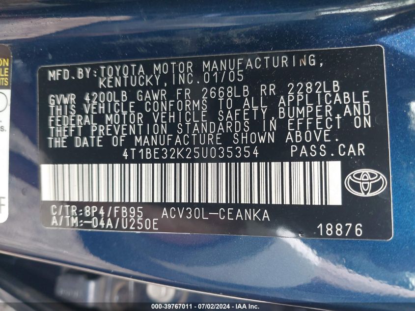 2005 Toyota Camry Le VIN: 4T1BE32K25U035354 Lot: 39767011