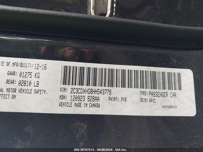 2017 Dodge Charger Sxt Rwd VIN: 2C3CDXHG8HH543779 Lot: 39767013