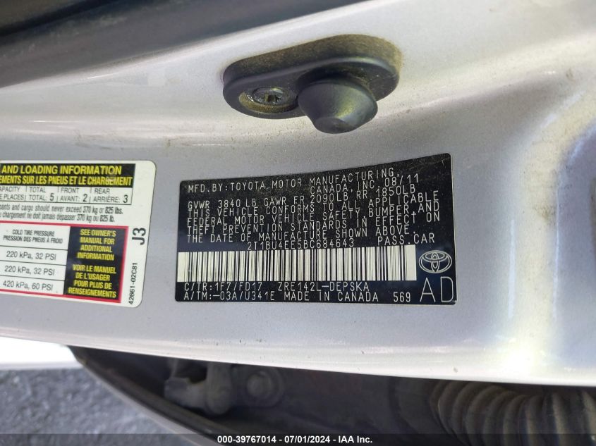 2011 Toyota Corolla Le/S VIN: 2T1BU4EE5BC684643 Lot: 39767014