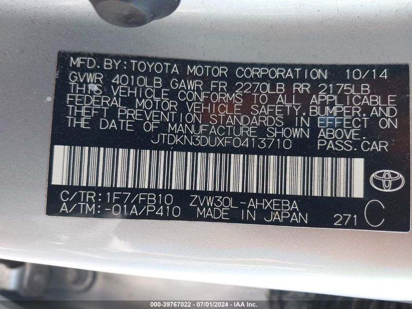 2015 Toyota Prius Two VIN: JTDKN3DUXF0413710 Lot: 39767022