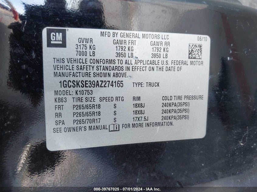 2010 Chevrolet Silverado 1500 Lt VIN: 1GCSKSE39AZ274165 Lot: 39767025