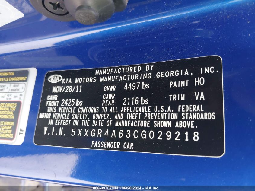 2012 Kia Optima Sx VIN: 5XXGR4A63CG029218 Lot: 39767044