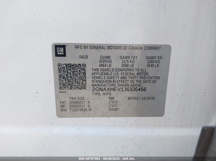 2018 Chevrolet Equinox Ls VIN: 2GNAXHEV1J6326456 Lot: 39767063