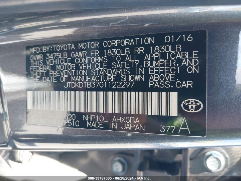 JTDKDTB37G1122297 2016 Toyota Prius C