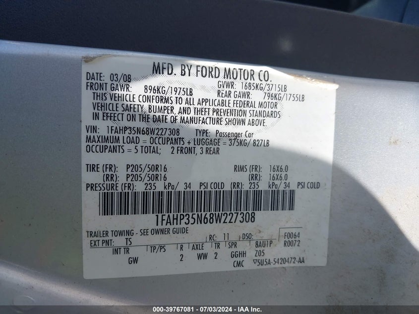 2008 Ford Focus Se/Sel/Ses VIN: 1FAHP35N68W227308 Lot: 39767081