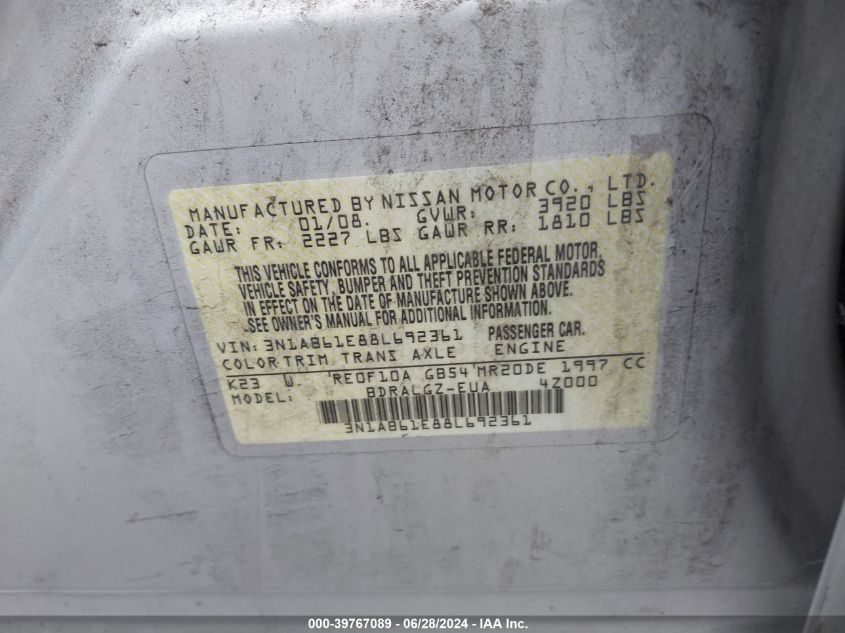 2008 Nissan Sentra 2.0Sl VIN: 3N1AB61E88L692361 Lot: 39767089