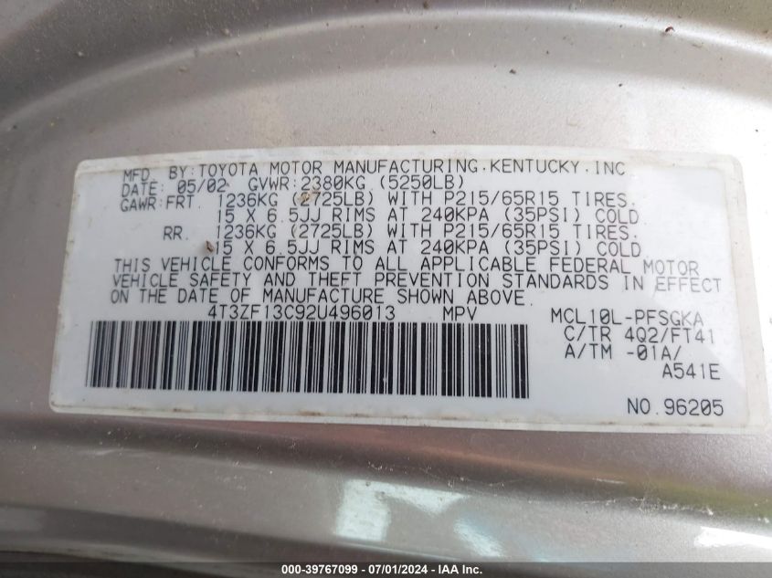 2002 Toyota Sienna Le VIN: 4T3ZF13C92U496013 Lot: 39767099
