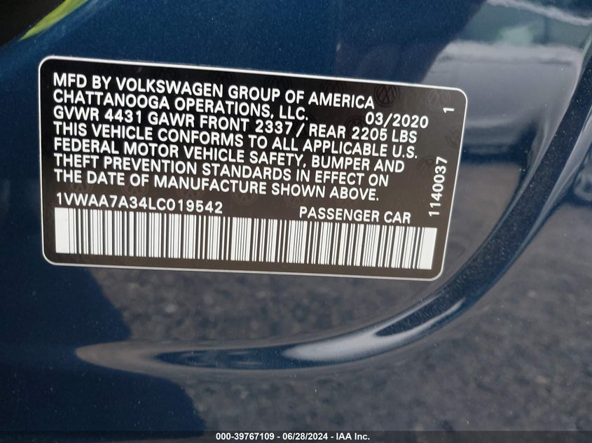 2020 VOLKSWAGEN PASSAT S - 1VWAA7A34LC019542