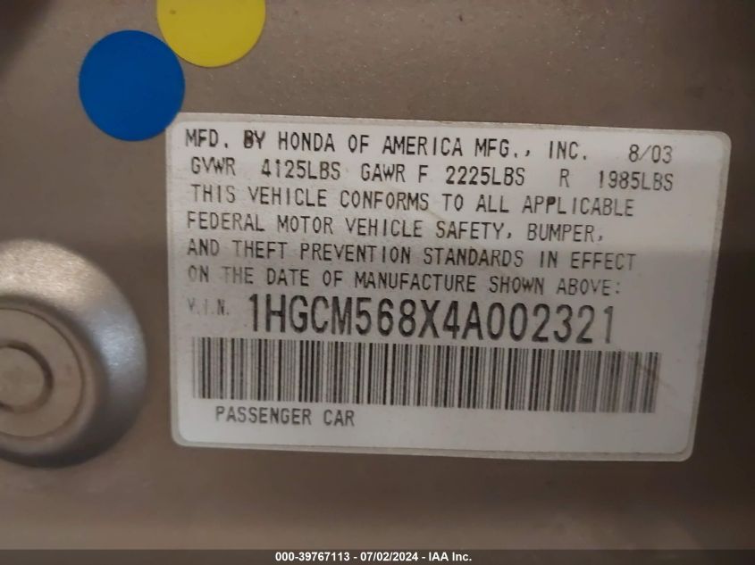2004 Honda Accord 2.4 Ex VIN: 1HGCM568X4A002321 Lot: 39767113