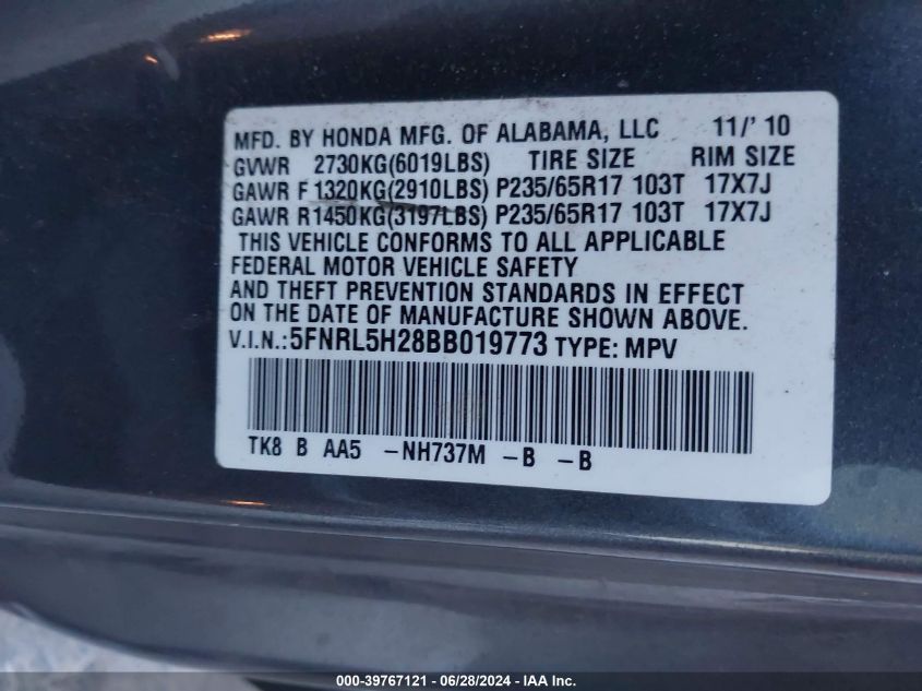 2011 Honda Odyssey Lx VIN: 5FNRL5H28BB019773 Lot: 39767121