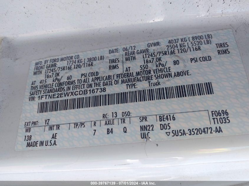 2012 Ford E-250 Commercial VIN: 1FTNE2EWXCDB16738 Lot: 39767139