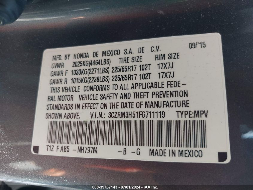 2015 Honda Cr-V Ex VIN: 3CZRM3H51FG711119 Lot: 39767143