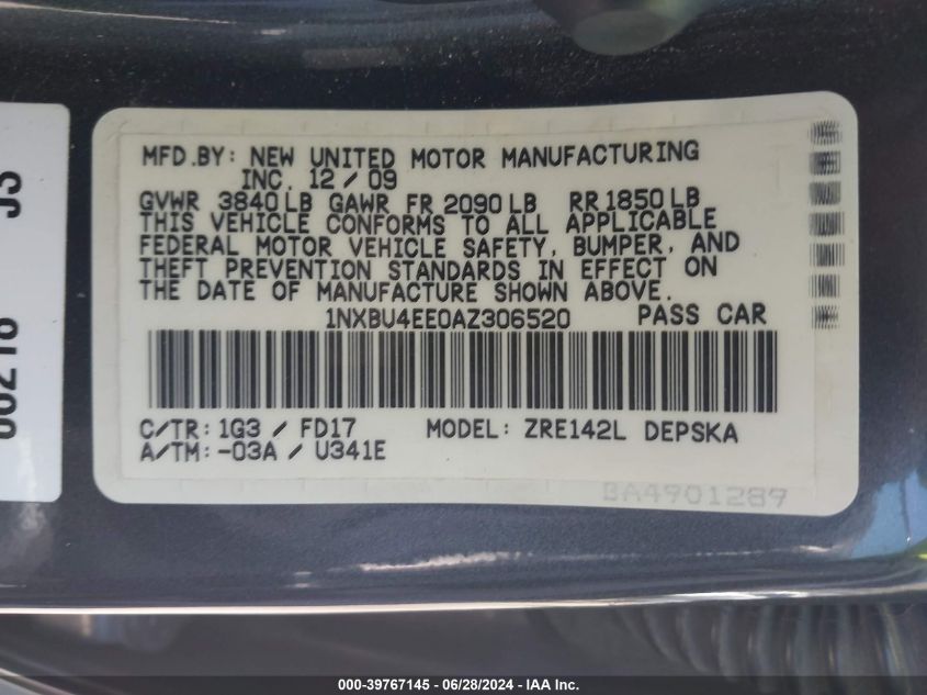 2010 Toyota Corolla S/Le/Xle VIN: 1NXBU4EE0AZ306520 Lot: 39767145