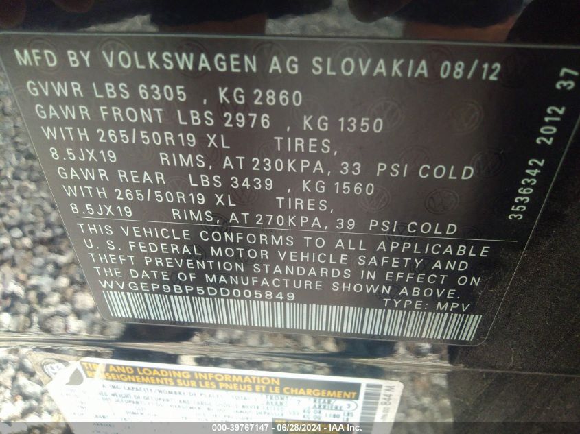 WVGEP9BP5DD005849 2013 Volkswagen Touareg Tdi Lux