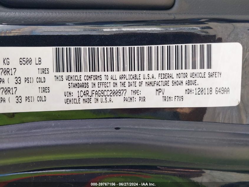 2012 Jeep Grand Cherokee Laredo VIN: 1C4RJFAG9CC200977 Lot: 39767156