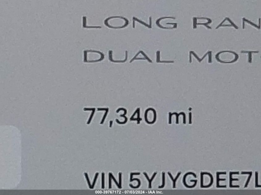 2020 Tesla Model Y Long Range Dual Motor All-Wheel Drive VIN: 5YJYGDEE7LF011884 Lot: 39767172