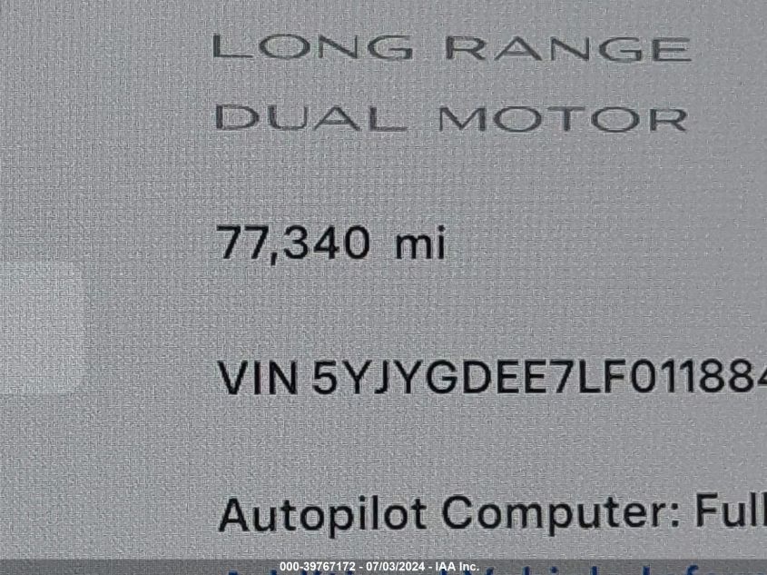 2020 Tesla Model Y Long Range Dual Motor All-Wheel Drive VIN: 5YJYGDEE7LF011884 Lot: 39767172