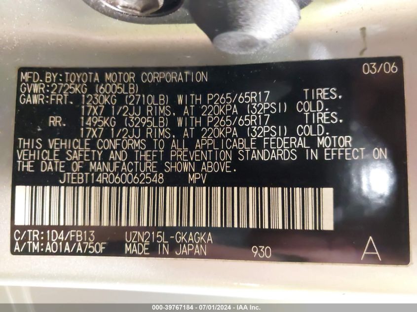 2006 Toyota 4Runner Sr5 Sport V8 VIN: JTEBT14R060062548 Lot: 39767184