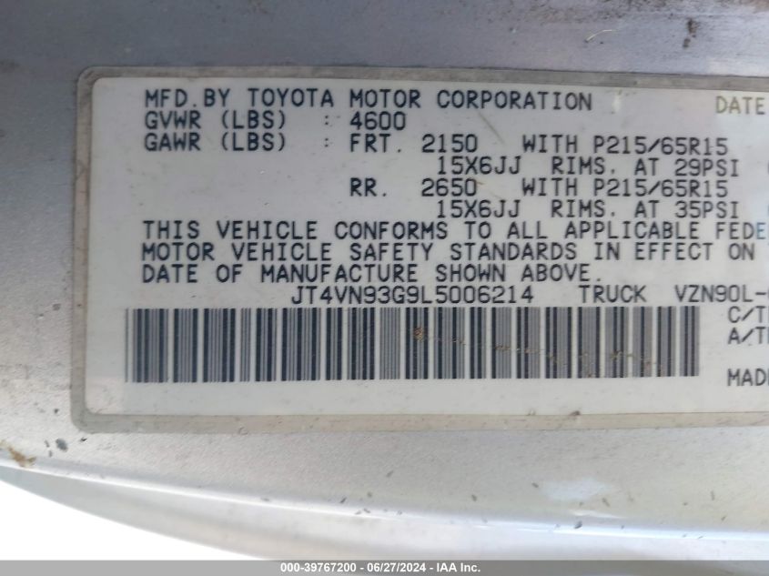 1990 Toyota Pickup 1/2 Ton Ex Long Whlbs Sr5 VIN: JT4VN93G9L5006214 Lot: 39767200