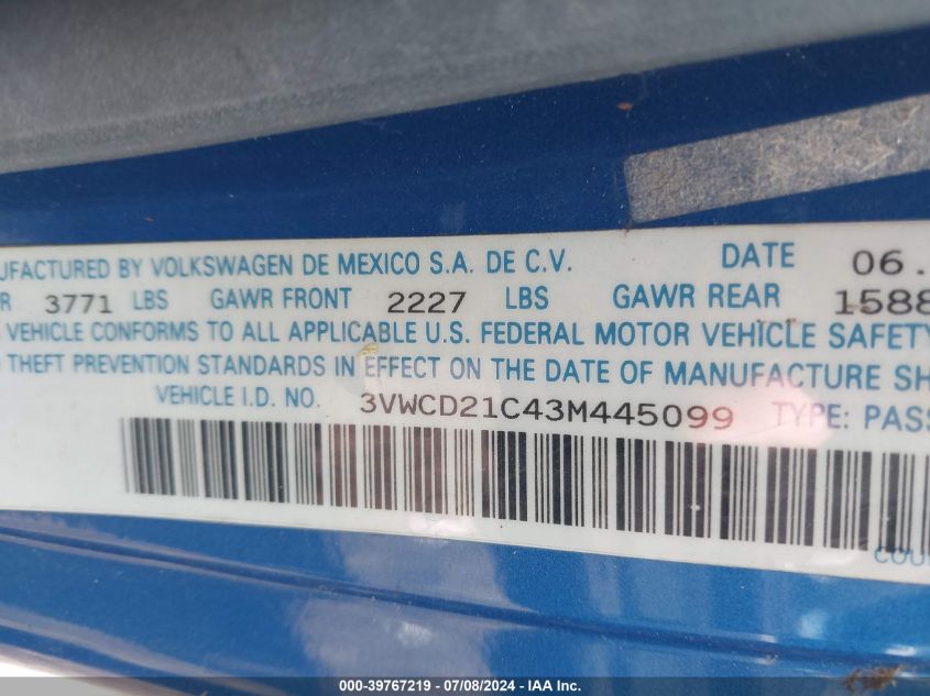 2003 Volkswagen New Beetle Gls 1.8T VIN: 3VWCD21C43M445099 Lot: 39767219