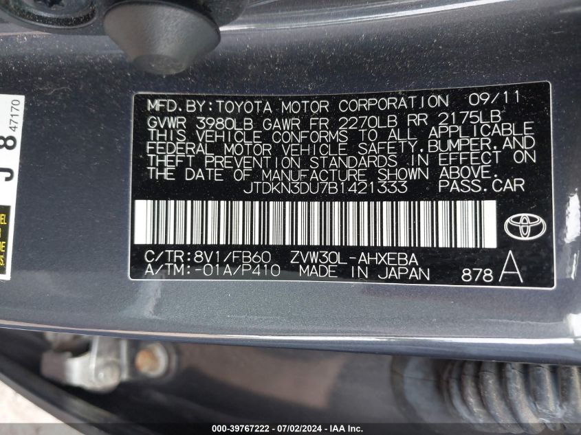 2011 Toyota Prius Two VIN: JTDKN3DU7B1421333 Lot: 39767222