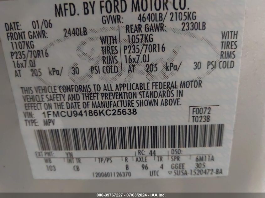 1FMCU94186KC25638 2006 Ford Escape Limited