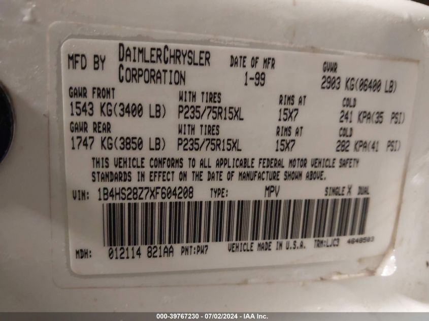 1999 Dodge Durango VIN: 1B4HS28Z7XF604208 Lot: 39767230