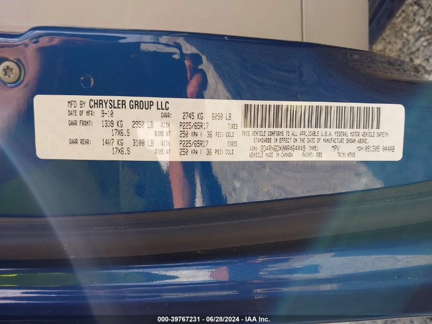 2010 Dodge Grand Caravan Crew VIN: 2D4RN6DX0AR464449 Lot: 39767231