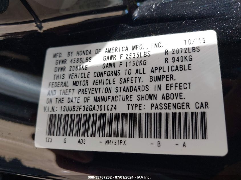 2016 Acura Tlx V6 VIN: 19UUB2F38GA001024 Lot: 39767232