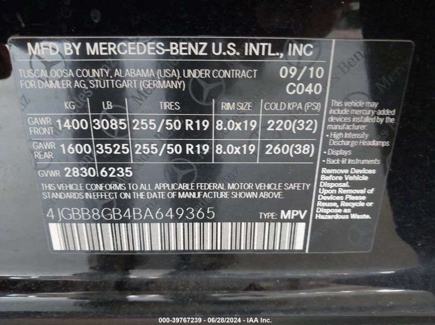 2011 Mercedes-Benz Ml 350 4Matic VIN: 4JGBB8GB4BA649365 Lot: 39767239