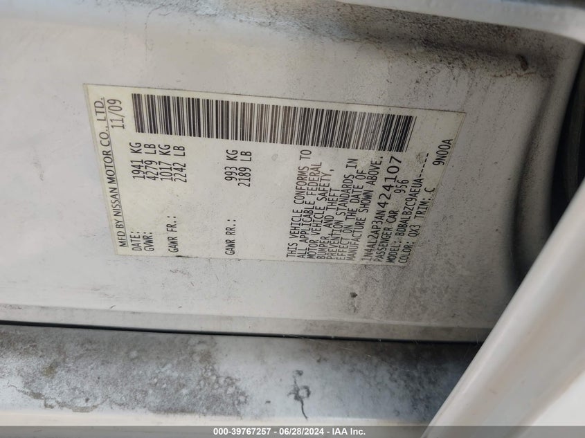 2010 Nissan Altima 2.5 S VIN: 1N4AL2AP3AN424107 Lot: 39767257