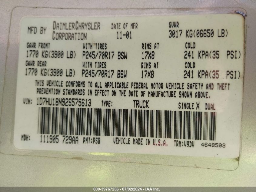 2002 Dodge Ram 1500 St VIN: 1D7HU18N92S575613 Lot: 39767256