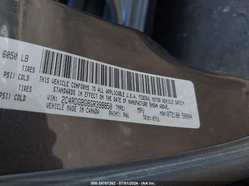 2016 Dodge Grand Caravan Se VIN: 2C4RDGBG8GR398850 Lot: 39767262