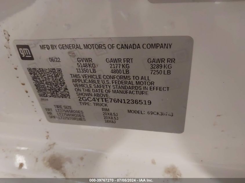 2022 Chevrolet Silverado 3500Hd 4Wd Standard Bed Lt VIN: 2GC4YTE76N1236519 Lot: 39767270