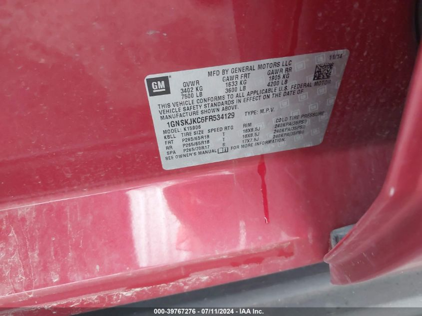 2015 Chevrolet Suburban 1500 Lt VIN: 1GNSKJKC6FR534129 Lot: 39767276