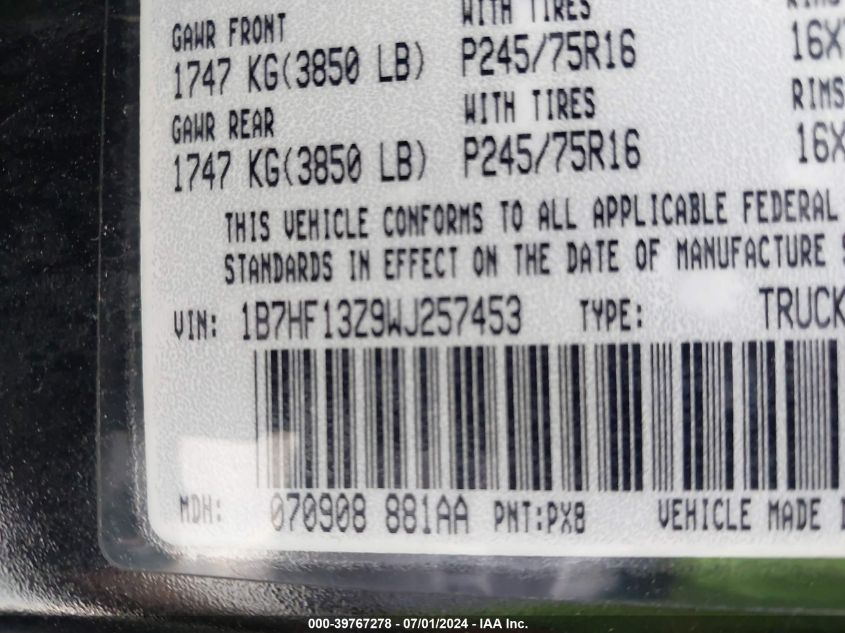 1998 Dodge Ram 1500 St VIN: 1B7HF13Z9WJ257453 Lot: 39767278