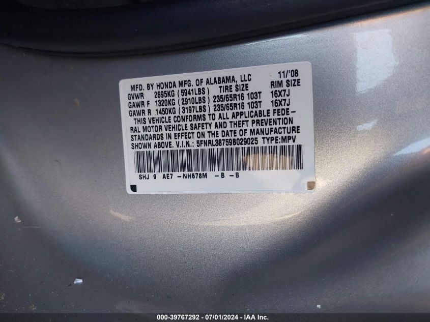 2009 Honda Odyssey Ex-L VIN: 5FNRL38759B029025 Lot: 39767292